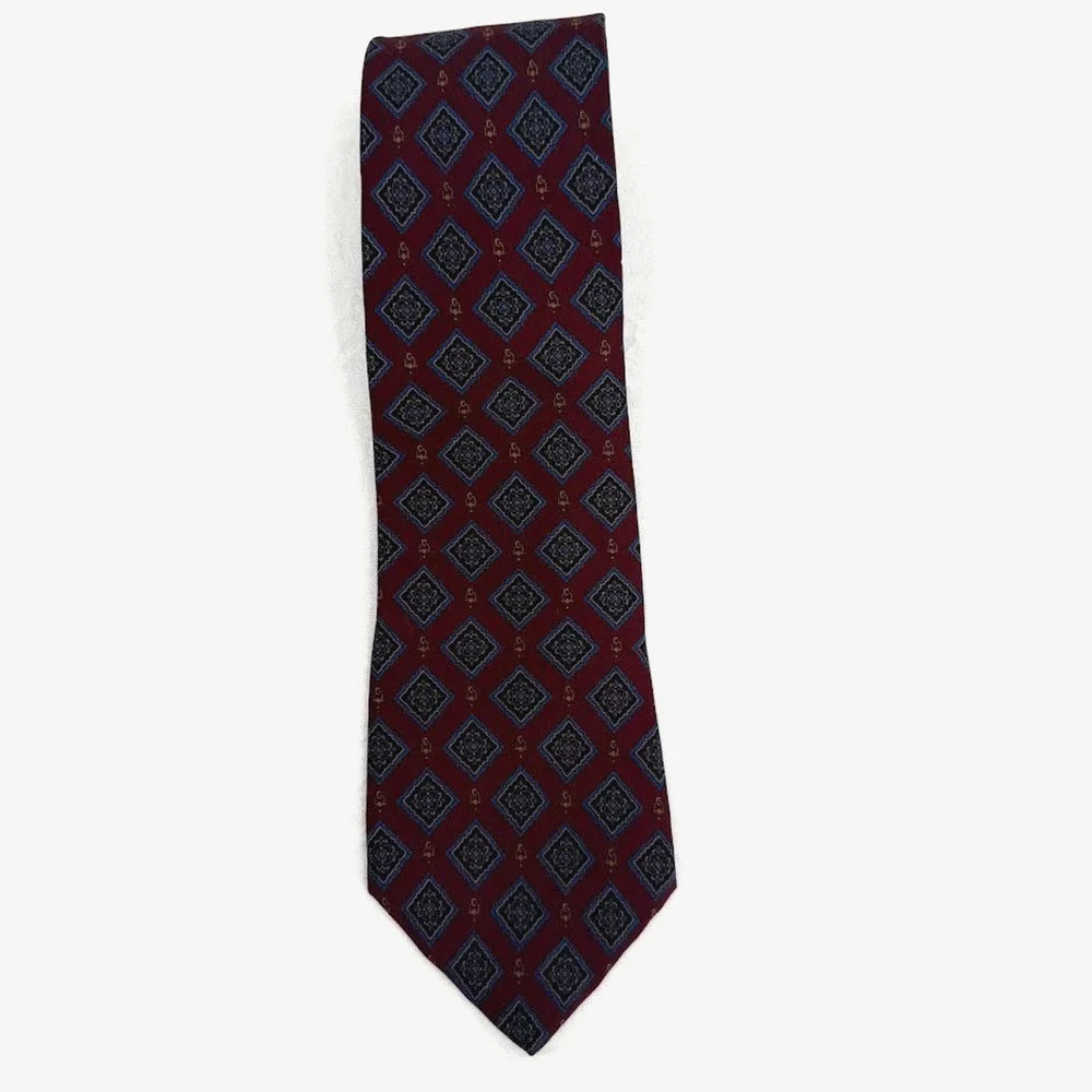 Vintage Brass & Leather by Jadeo Silk Tie Made in Italy Burgundy Geometric Medal